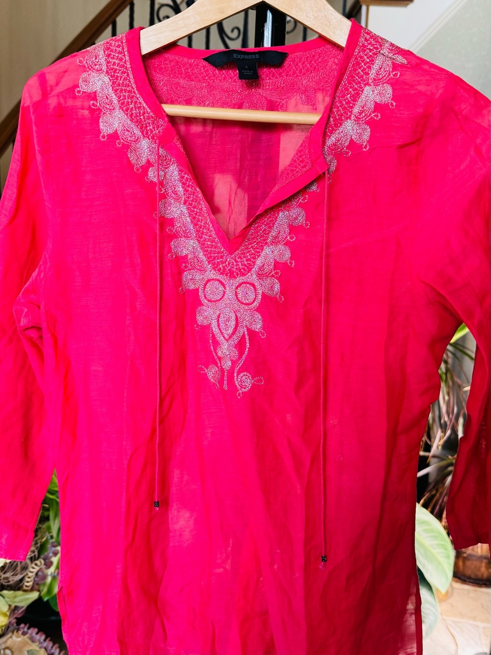 Express Hot Pink Embroidered V-Neck Tunic
